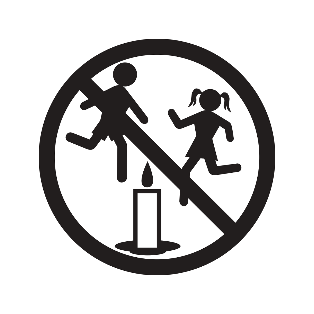 Keep away from children safety pictogram depicting an image of two children dancing near a lit candle